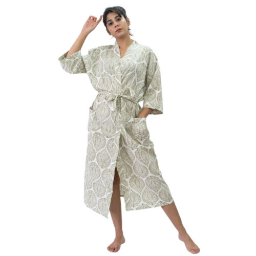 Cotton Kimono Robe Green Nightgown Sleepwear Bathrobe Indian Women's Dress - Picture 1 of 5
