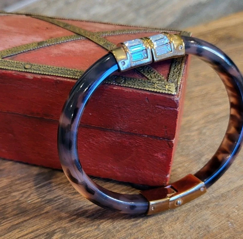 MICHAEL KORS Tortoise Lucite Hinged Bangle Bracelet w/ Clear Baguette Accents - Image 4 of 4