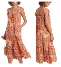 Knox Rose Boho Tiered Midi Dress Sz S Square Neck Flowy Earthy Peasant Prairie