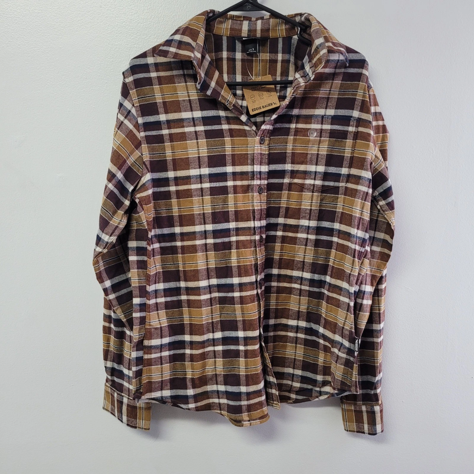 Eddie Bauer Mens Field Flannel Flex 2.0 Shirt Brown Plaid Small 0917