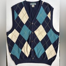 Arnold Palmer Golf V-Neck Cotton Knit Sweater Vest Navy and Cream Argyle Large