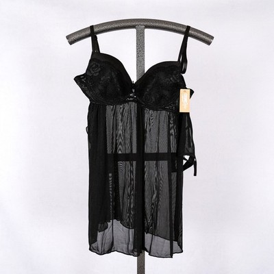 Cosmo Style Cosmopolitan Sheer Black Babydoll + Thong Set LARGE Lace Lingerie 