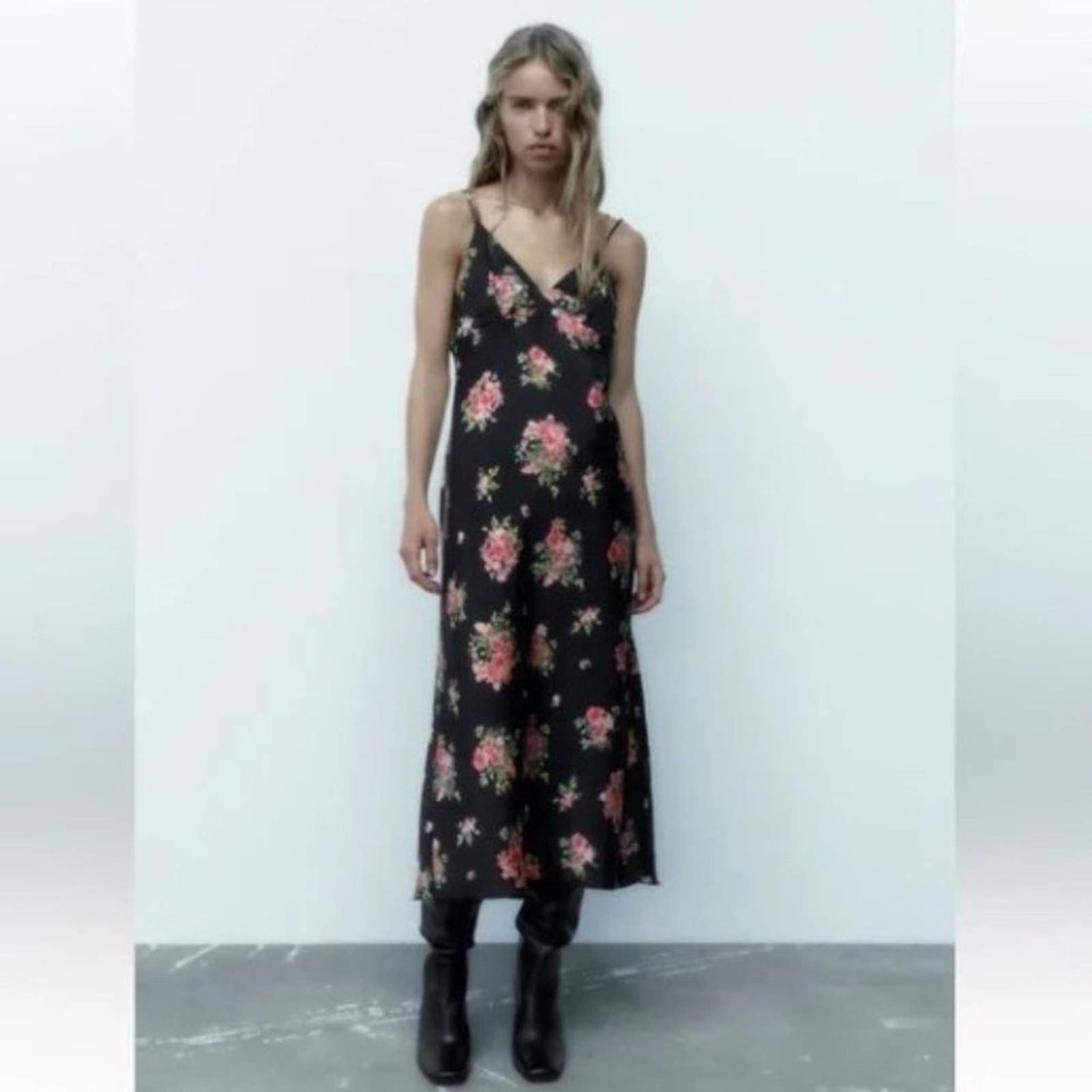 Zara Black Floral Satin Effect Midi / Maxi Slip Dress Spaghetti Straps Large thumbnail 11