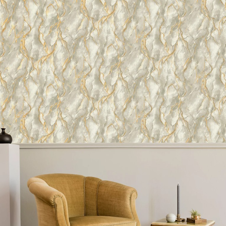 B&Q -  Vasari Pandora Grey & Gold Marble Wallpaper 400129 - Image 2