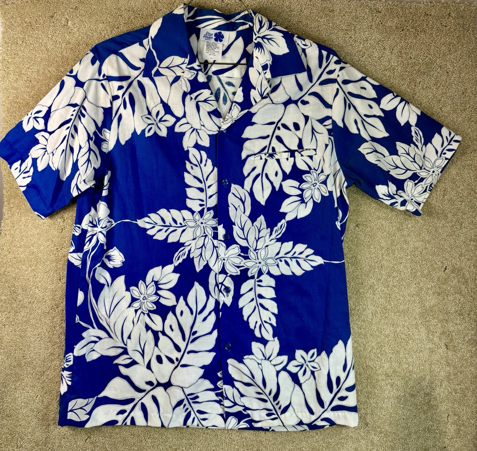 Vintage Hilo Hattie Hawaiian Shirt Button L USA Made Blue All Over Pattern Mens