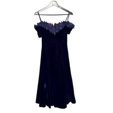 Vintage 90s Deep Purple Velvet Off Shoulder Midi Dress 8