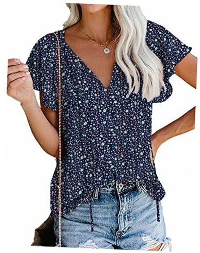 Camicia estiva donna boho top floreale collo a V manica corta grande blu navy
