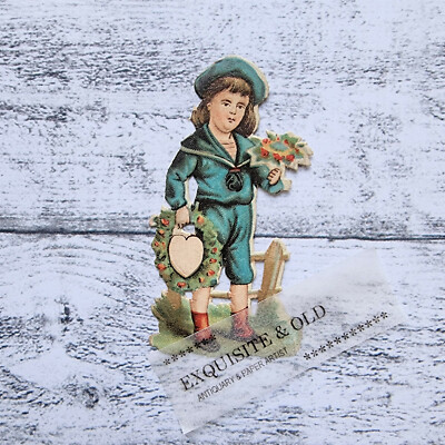 um 1900 Junge Matrose Kind Blumen Victorian Glanzbild Prägedruck Luxuspapier alt