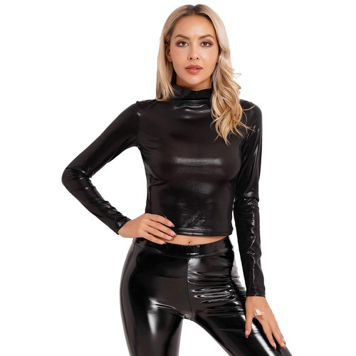Damen Metallic Tops Wetlook Glänzend Unterhemd Crop Top Oberteile Party Tops - Picture 16 of 41