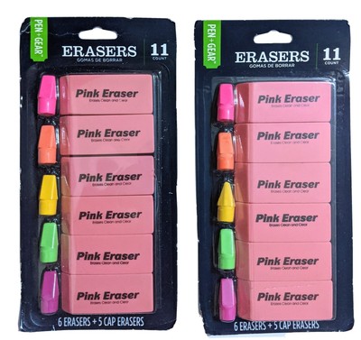 Homeschool Eraser Set 22 pc Pen + Gear Two Packs Of 11 Pink Erasers Cap Erasers
