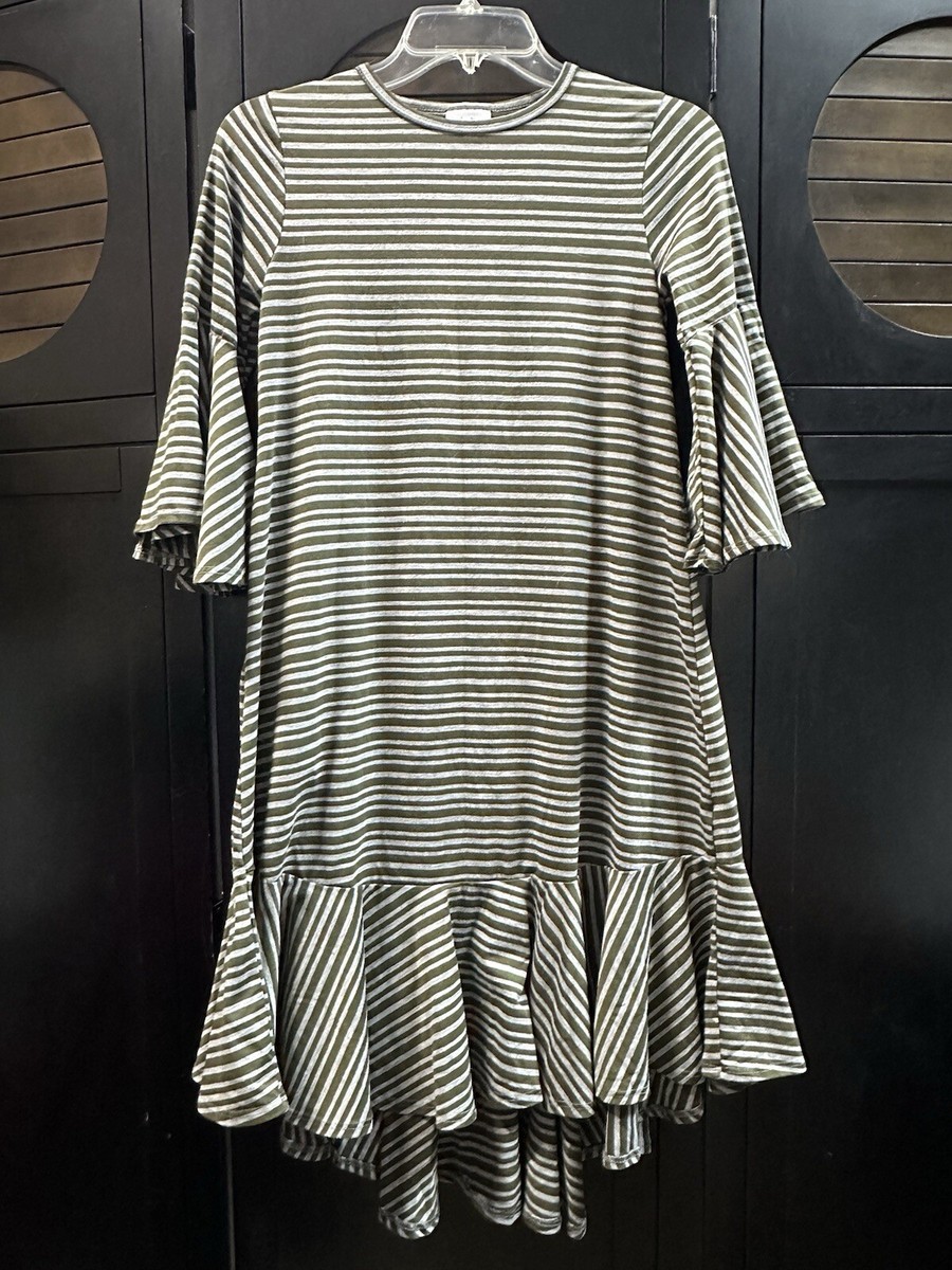 LuLaRoe Maurine Ruffle Flowy Heather Gray Olive Green Striped