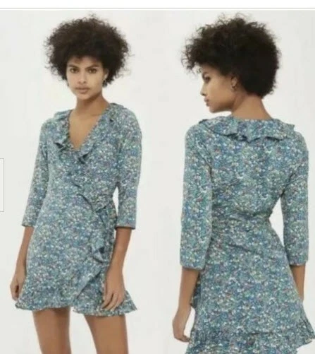 Top Shop TopShop Blue Floral Garden Ruffle Wrap Dress US 6 10S54M