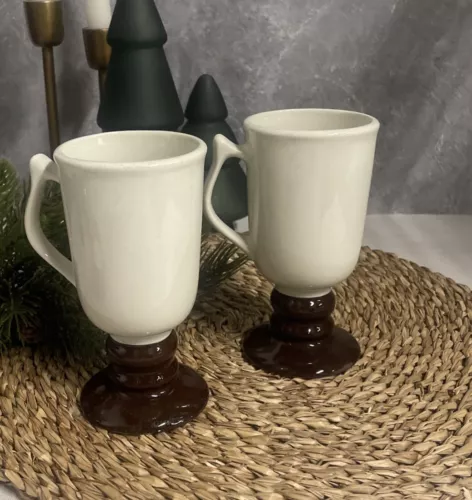 Set Of 2 VTG Hall Pottery #1272 Pedestal Ivory-Brown Irish Coffee Mug USA 8 oz