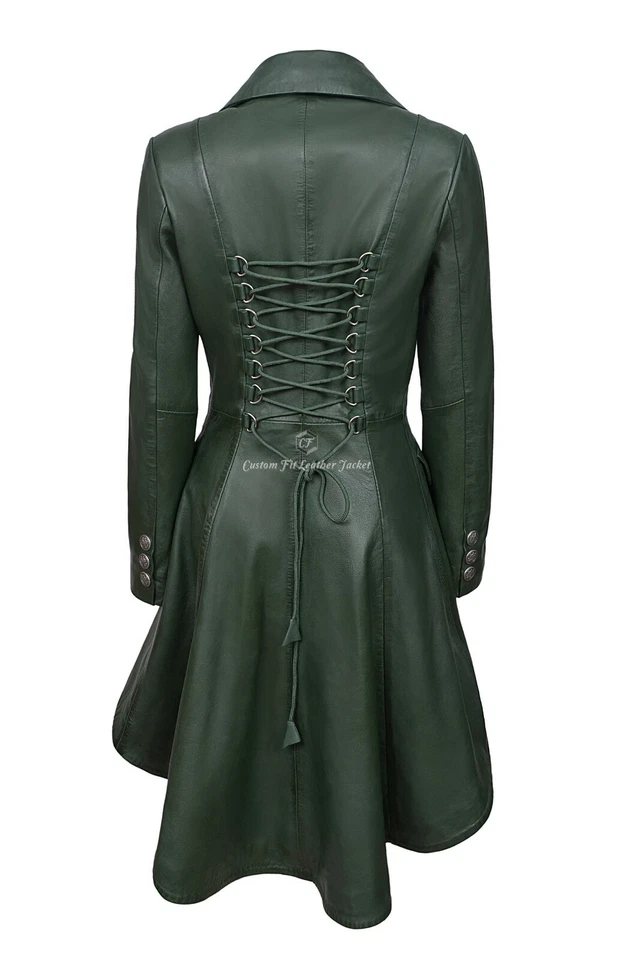 Ladies Leather Jacket Green 100% Lambskin Back Laced Victorian Gothic Coat 3492 - Image 4 of 4