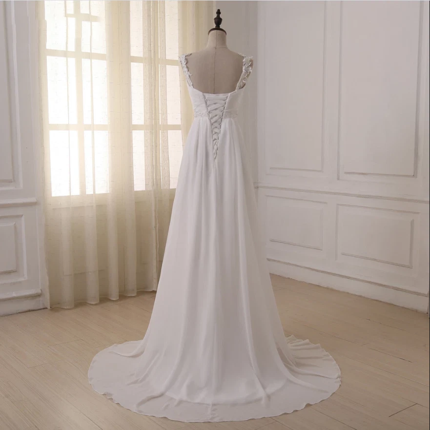 Elegant Chiffon Wedding Dresses Spaghetti V Neck Beaded Lace up Back Bridal Gown - Image 3 of 4