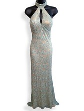 Vintage Dave  Johnny Teal Blue Green Beige Lace Silver Bead Rhinestones Gown