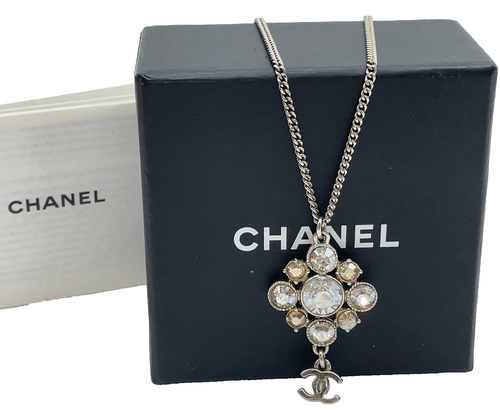 Auth Chanel Fever Coco Sliver Rhinestone Necklace 13.06G W/Box SK100307