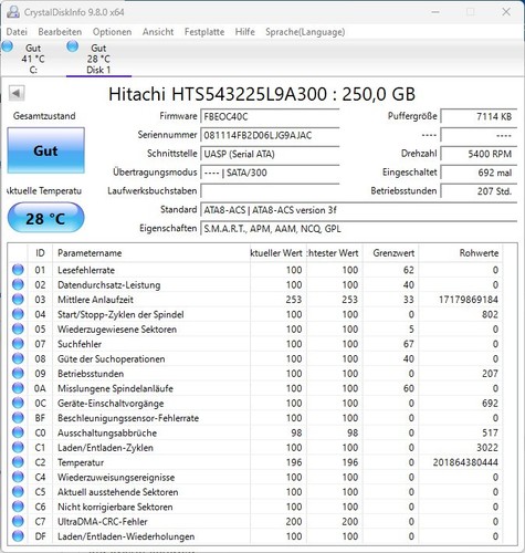 HGST Travelstar 5K320 250GB, 2.5", 8MB, 9,5mm, SATA 3Gb/s, HTS543225L9A300