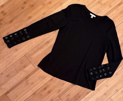 Halston H Dark Black Top W/ Metallic Black Grommets S/P Boho  NEW NO TAG