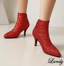 Sequins Ankle Boots Block Heel Pointy Toe Casual Womens Back Zipper Shoes Club