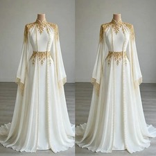 Muslim Wedding Dress with Cape High Neck Chiffon Luxury Gold Beaded Bridal Gown
