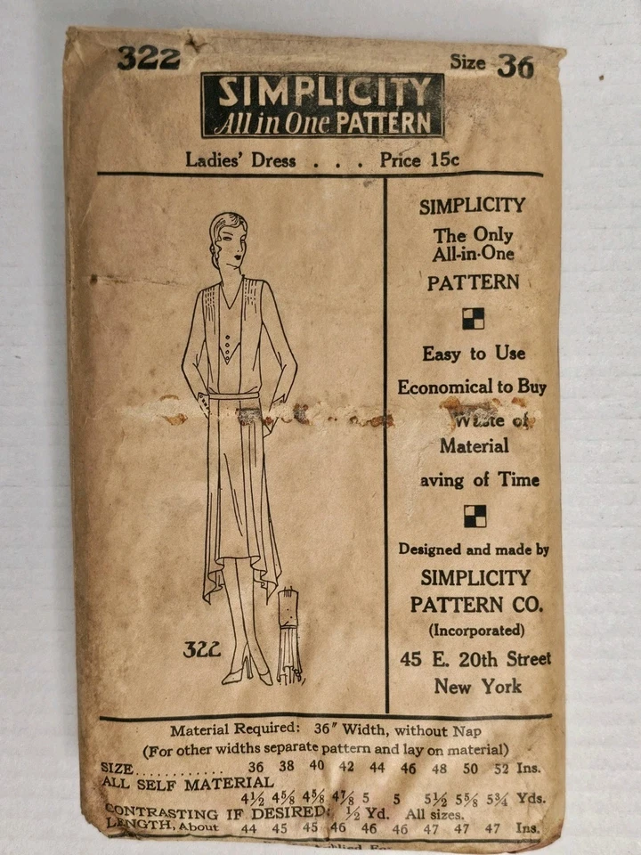 Antique Simplicity Pattern #322 1920s Flapper Dress NOS Unused SZ 36 38 44 46 48 - Image 4 of 4