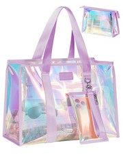 Iridescent Beach Bags for Women, Jelly Tote Bag with Makeup Bag & Phone Pouch...