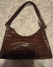 Brown Croc Embossed Crescent Shoulder Bag Gold Hardware Zip Shoulder Strap Women