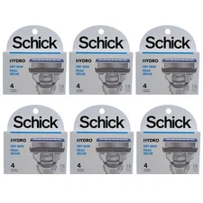6 Packs Schick Hydro Dry Skin 5 Blades Razor 4 Refills/Pack, Total 24 Cartridges