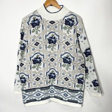 Vintage Just For Petites Grandmacore Sweater Floral White Blue Women's Petite L