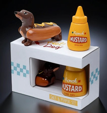 NOVELTY SALT & PEPPER SET Sausage Dog Hotdog & Mustard Ceramic Cruets NEW BOXED