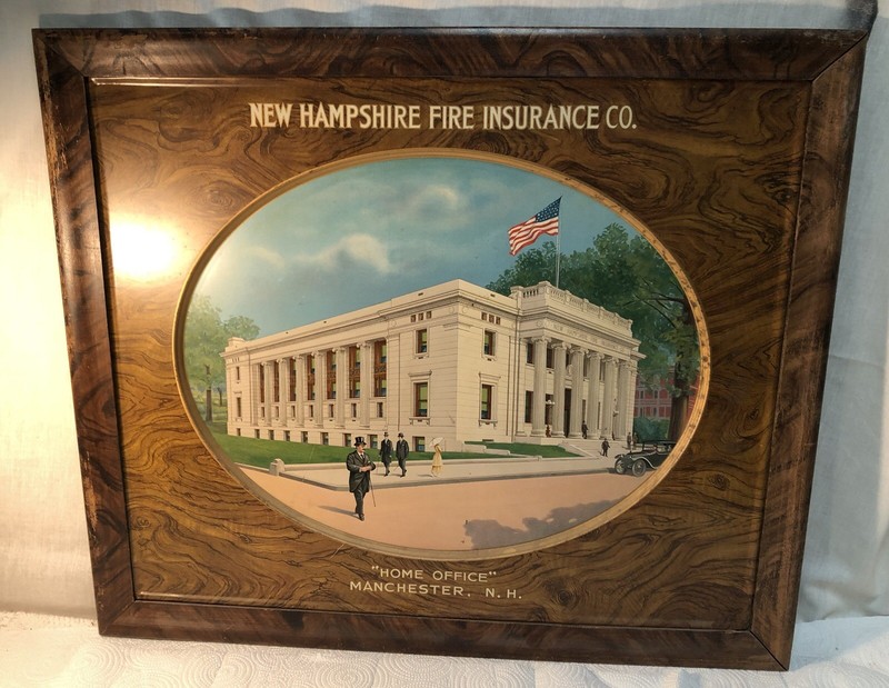 Rare 1900s New Hampshire Fire Insurance Company Advertising Tin Sign Old Car