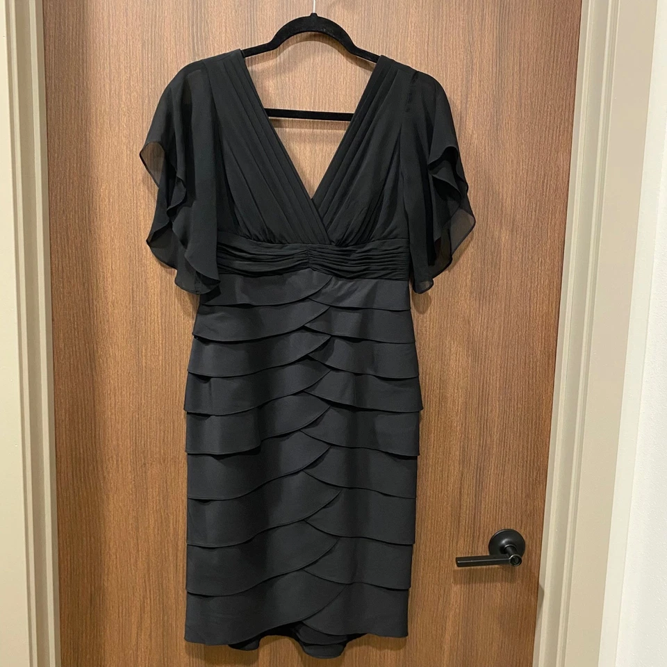 Платье-футляр ADRIANNA PAPELL 160 долл. США черное шелковая смесь тафта шифоновое размер 4 коктейльное - Изображение 2 из 4