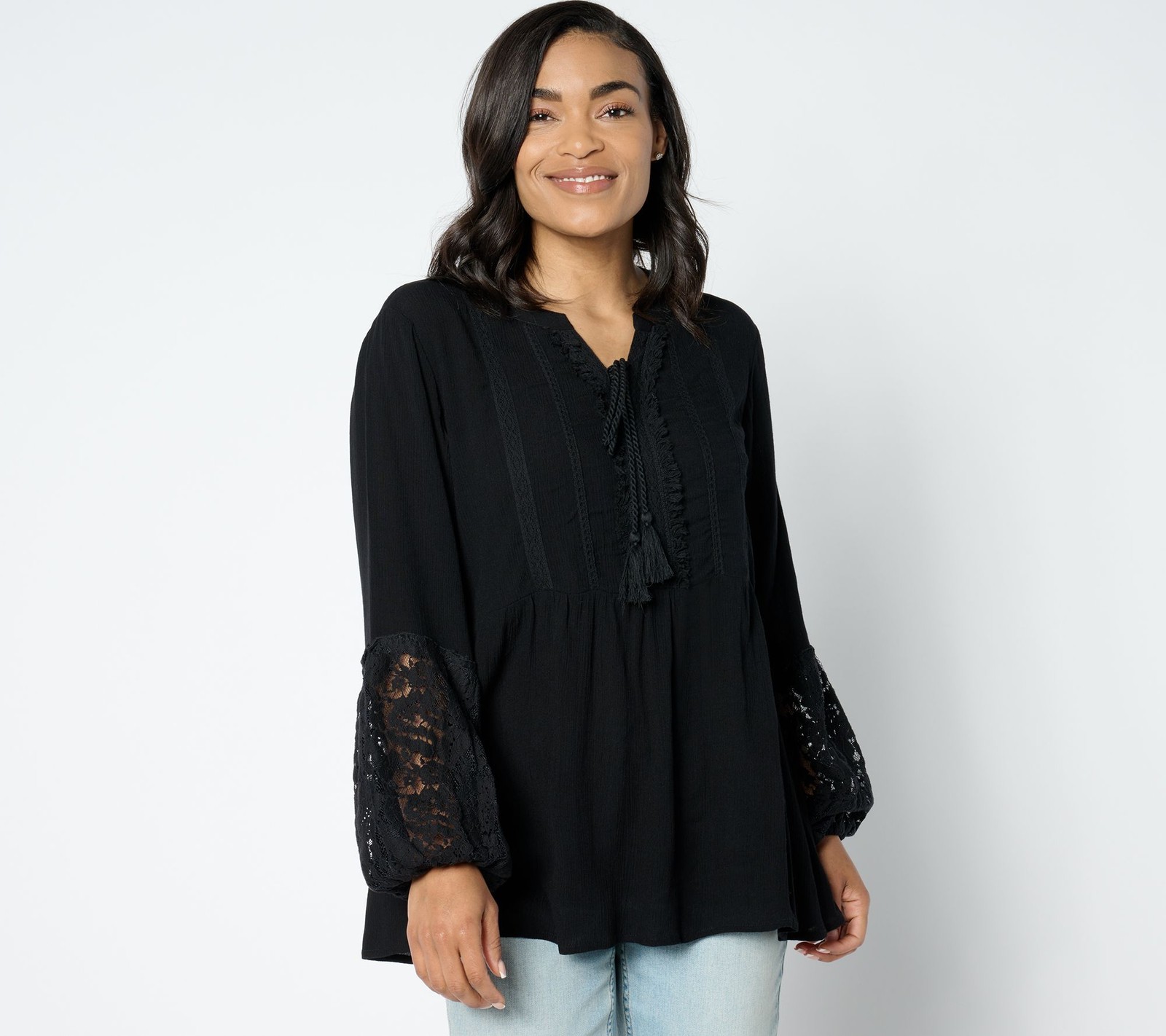 Susan Graver Women's Top Sz XS PURE Sheer Crinkled Gauze Lace Black A649296