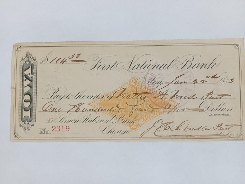 1874 + 1883  VINTAGE BANK CHECKS  -  FIRST NATIONAL BANK IOWA ++