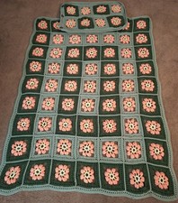 Vintage Peach & Green Floral Granny Square Throw With Sham 65x48 Granny Core