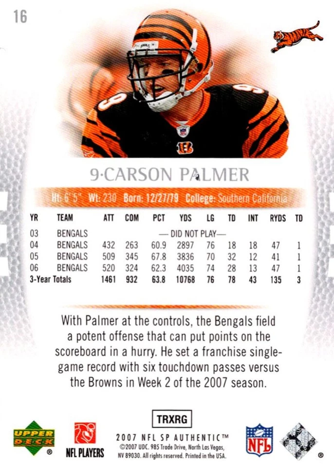2007 SP Authentic Carson Palmer Cincinnati Bengals #16 - Image 2 of 2