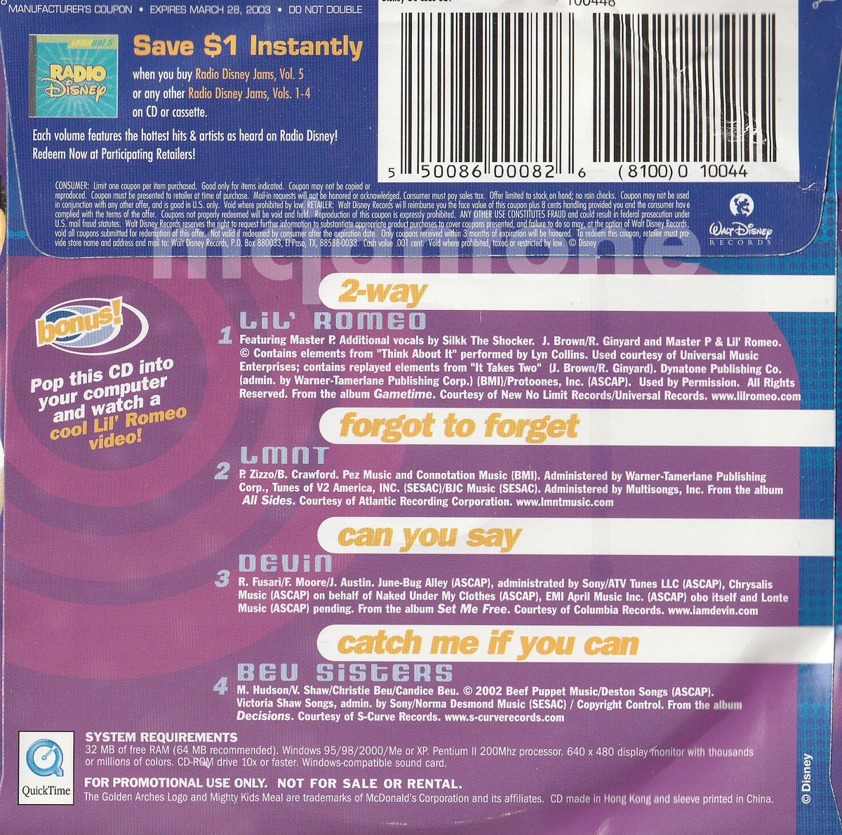 NEW McDonald's Mighty Kids Meal 2003 RADIO DISNEY MUSIC EP Audio