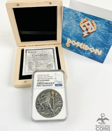 2018 Niue POSEIDON .999 Silver Gilt High Relief 2oz Coin NGC MS70 ANTIQUED +OGP