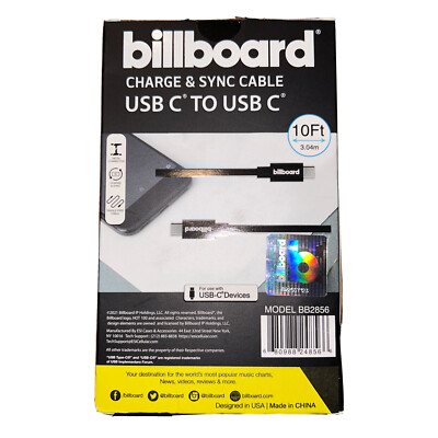 10  Billboard USB-C to USB-C Charge and Sync Cable - Black - New
