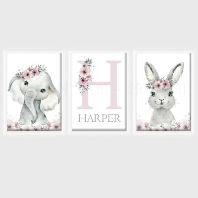 Girls Safari Animal Personalised PRINTS A4 Elephant Bunny Rabbit Pink Nursery