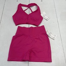 Women  s Pink Active Sports Bra  Biker Shorts Outfit Set Size Small