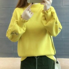 Women Sweater Jumper Floral Embroidery Puff Sleeve Knitwear Pullover Casual SPW