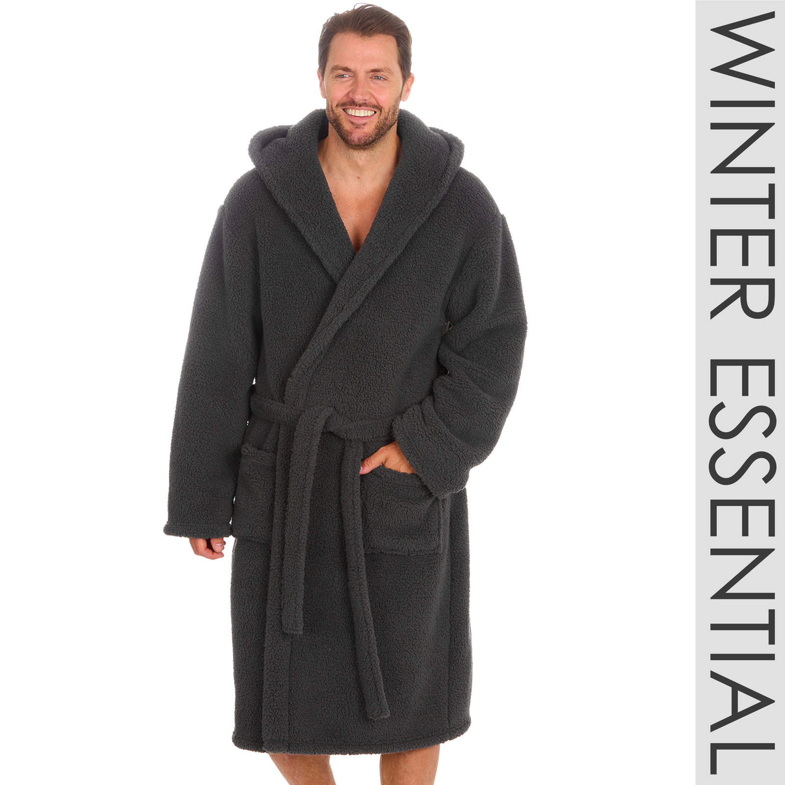 Mens Fleece Hooded Thick Dressing Gown Plain Grey Robe Housecoat M L XL XXL eBay
