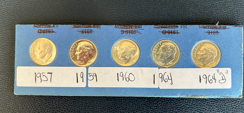 5 AU, SILVER  ROOSEVELT DIMES , 1957, 1959 CAMEO, 1960 ,1964, 1964D