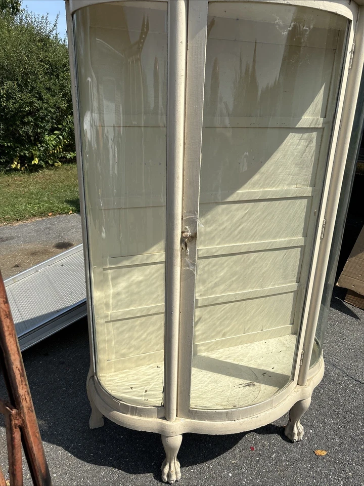 Vintage Antique China Cabinet – Curved Beveled Glass Curio 4 Shelves Claw Feet - Image 3 of 4