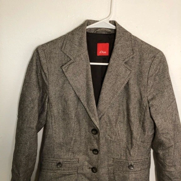 Blazer para mujer s.Oliver talla 6 3 botones marrón blanco chevron bolsillos algodón elástico Foto 2 de 4