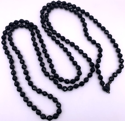 Miriam Haskell Black Faceted Glass Bead Necklace 59'' Opera Single Strand Vtg