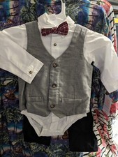 Infant Boys 4pc Black pants, white shirt grey vest  bowtie Suit Size 18Mth NWT