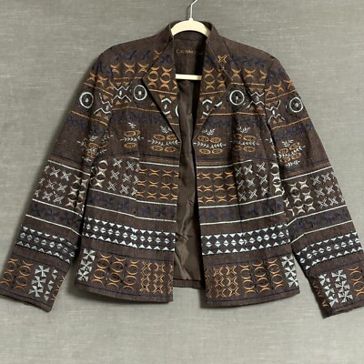 Coldwater Creek Jacket Blazer 10 Brown Blue Embroidered Beaded